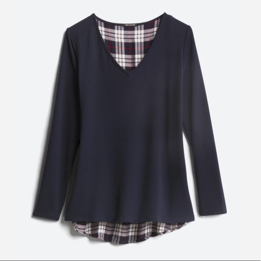 Pink Clover Johnny Navy Top with Plaid Back Detail